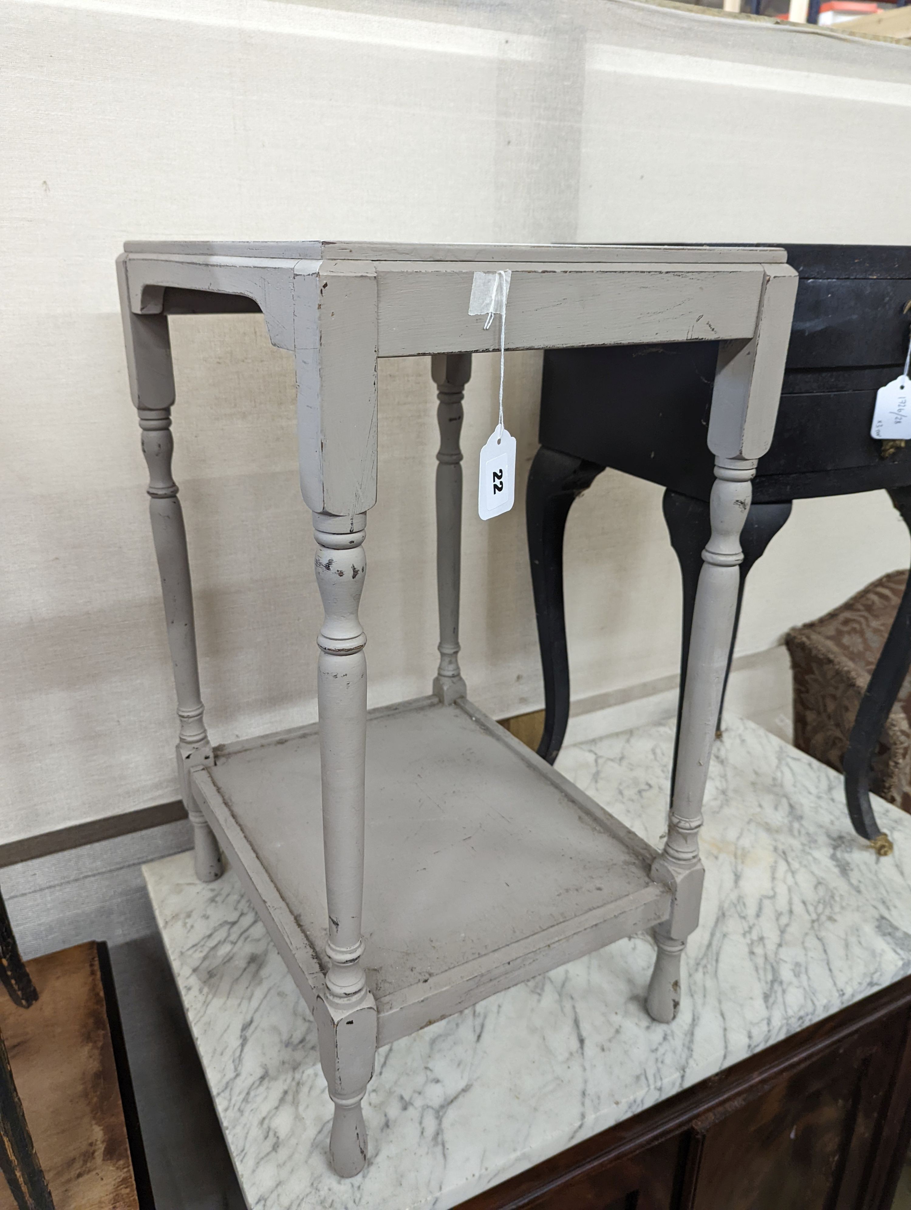A painted two-tier table together with two other small painted tables, largest width 45cm, depth 36cm, height 69cm